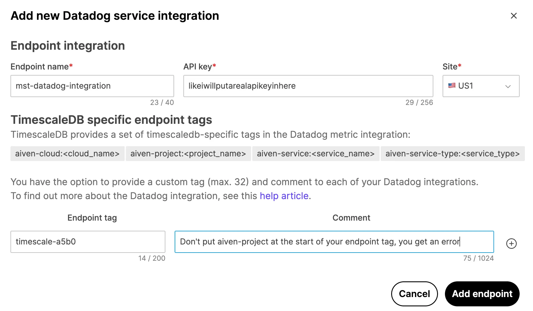 Adding a Datadog integration endpoint in MST