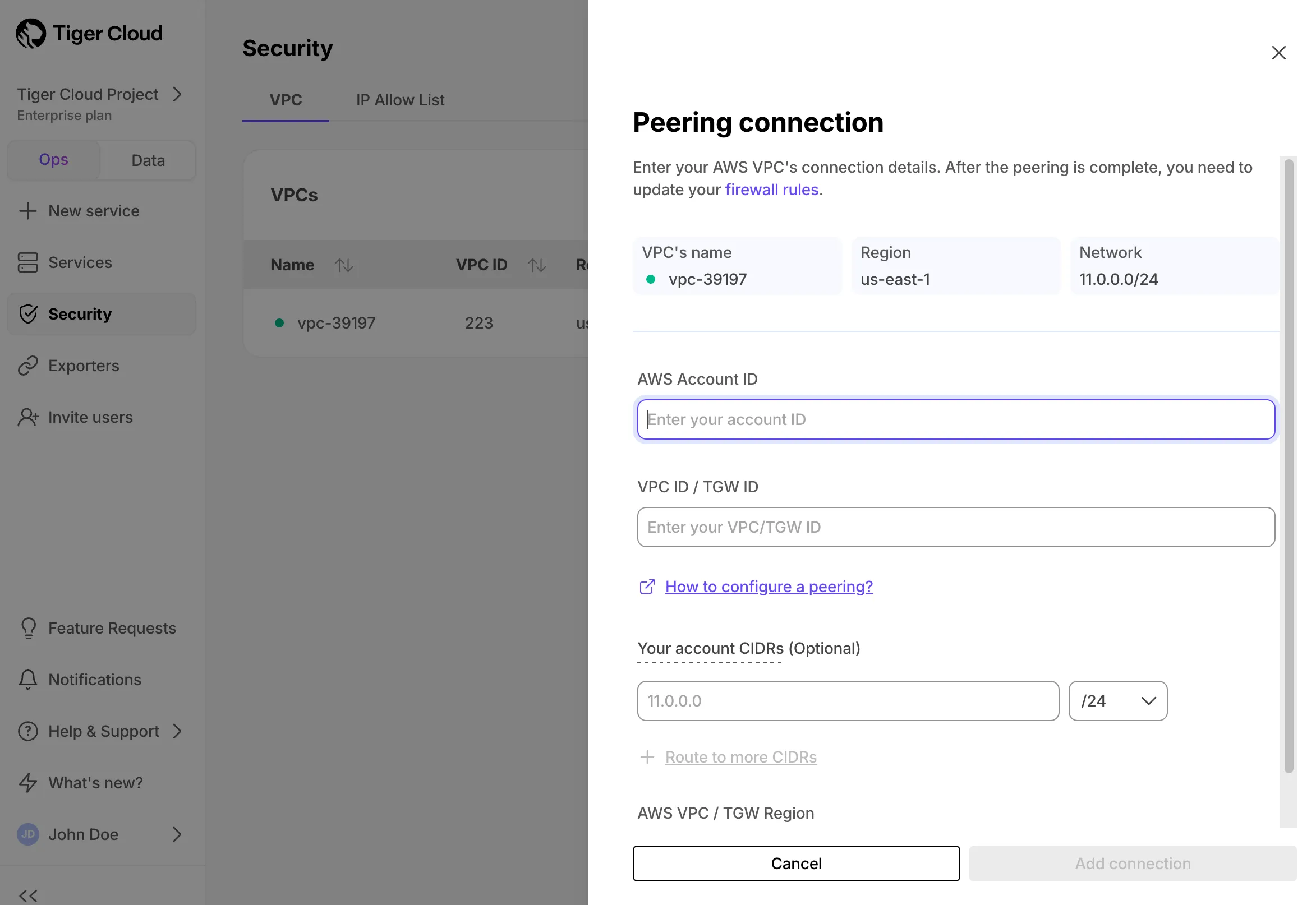 Adding a peering connection with AWS account details
