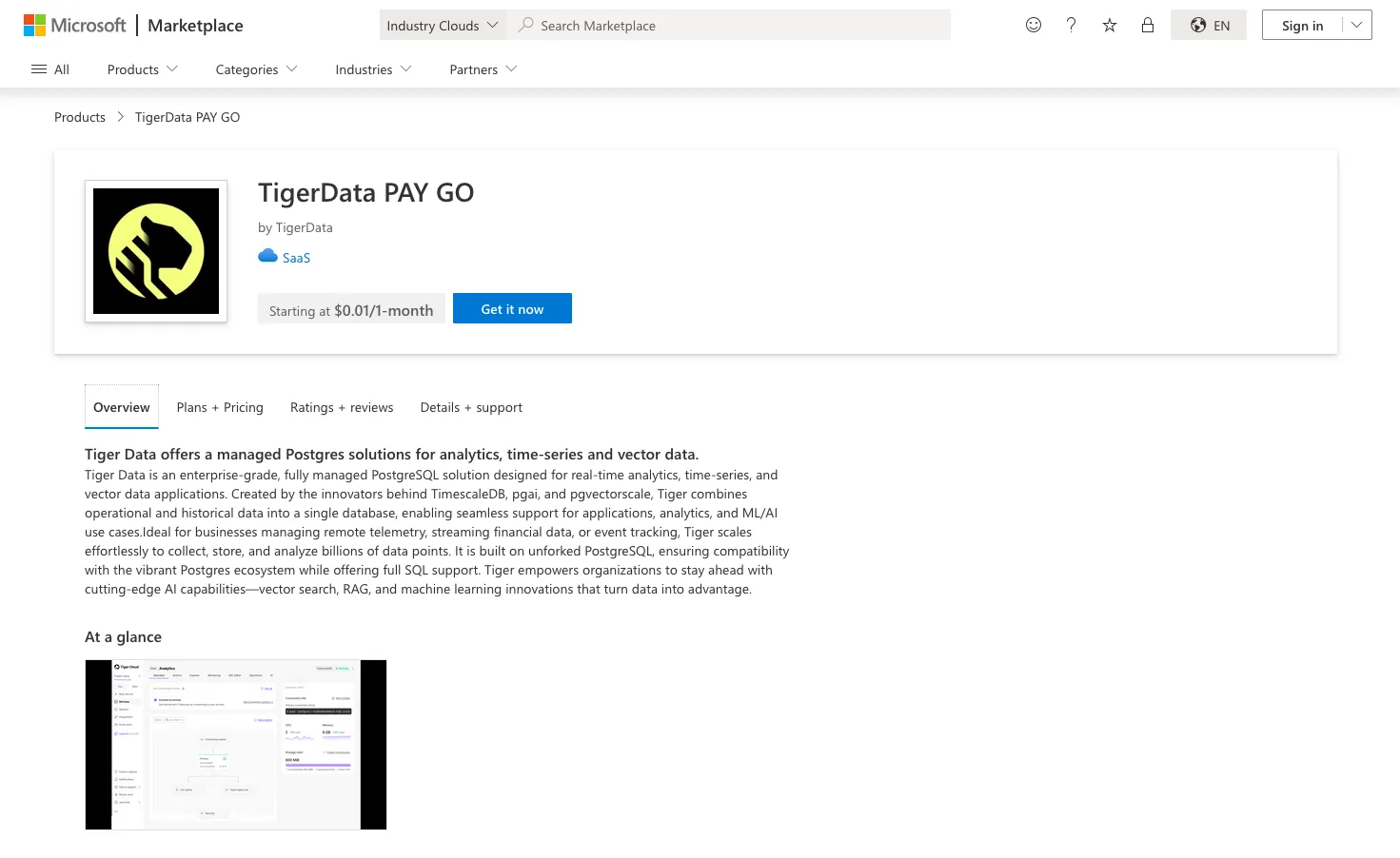 Azure marketplace Tiger Cloud entry