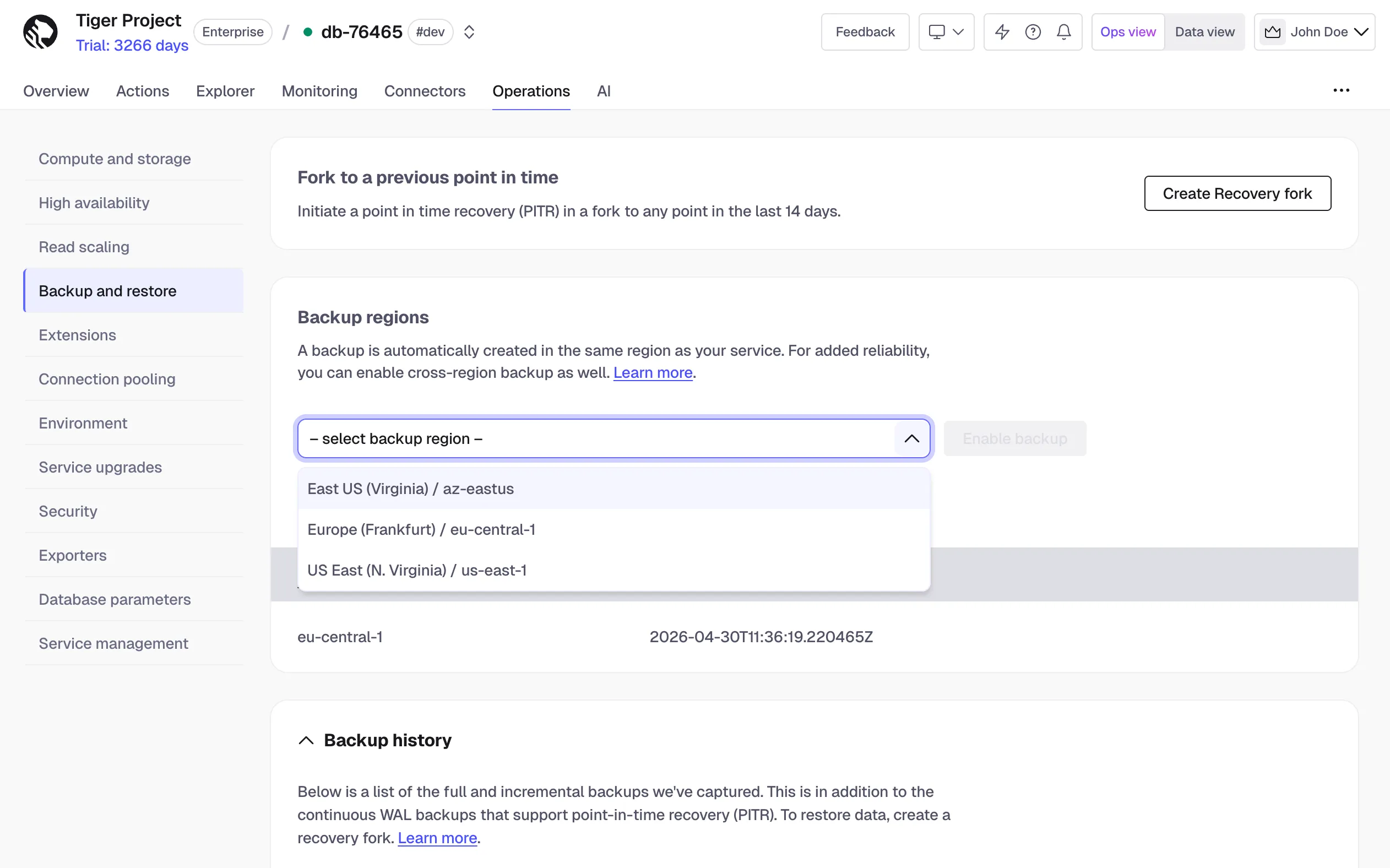 Enabling cross-region backup in Tiger Console