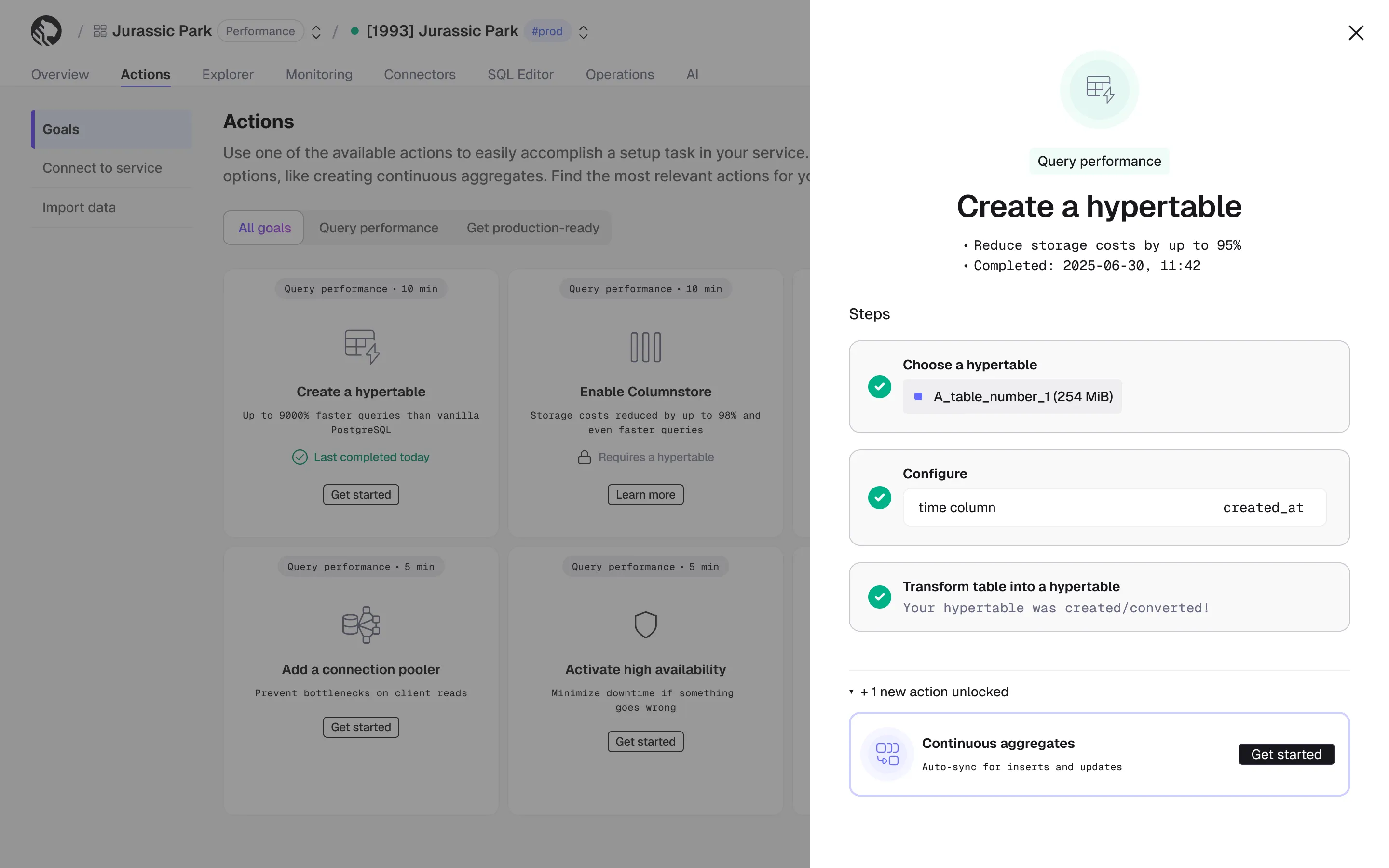 Completed Create a hypertable Action