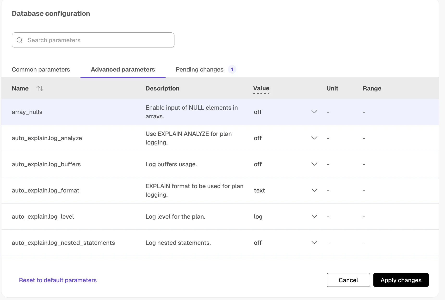 Database configuration advanced parameters