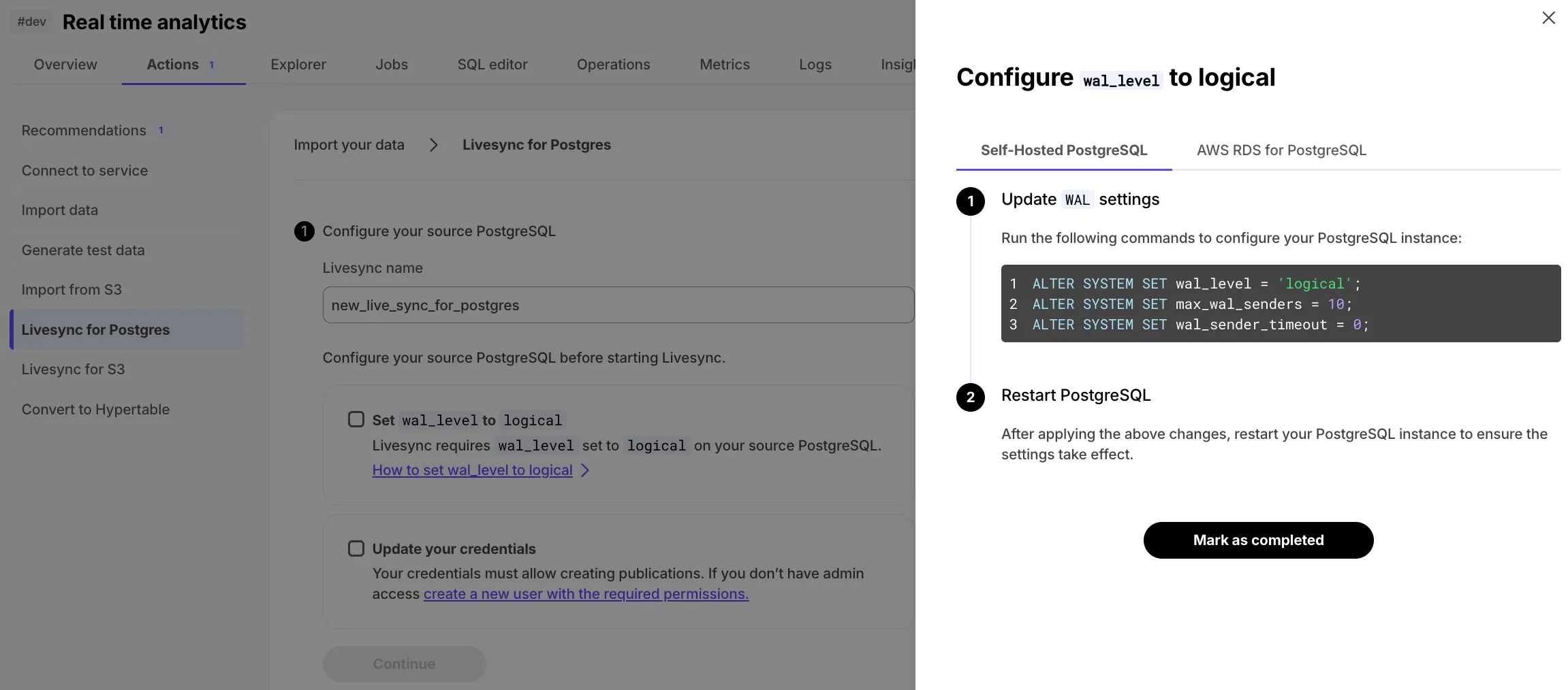 Livesync PostgreSQL configuration instructions in Tiger Console