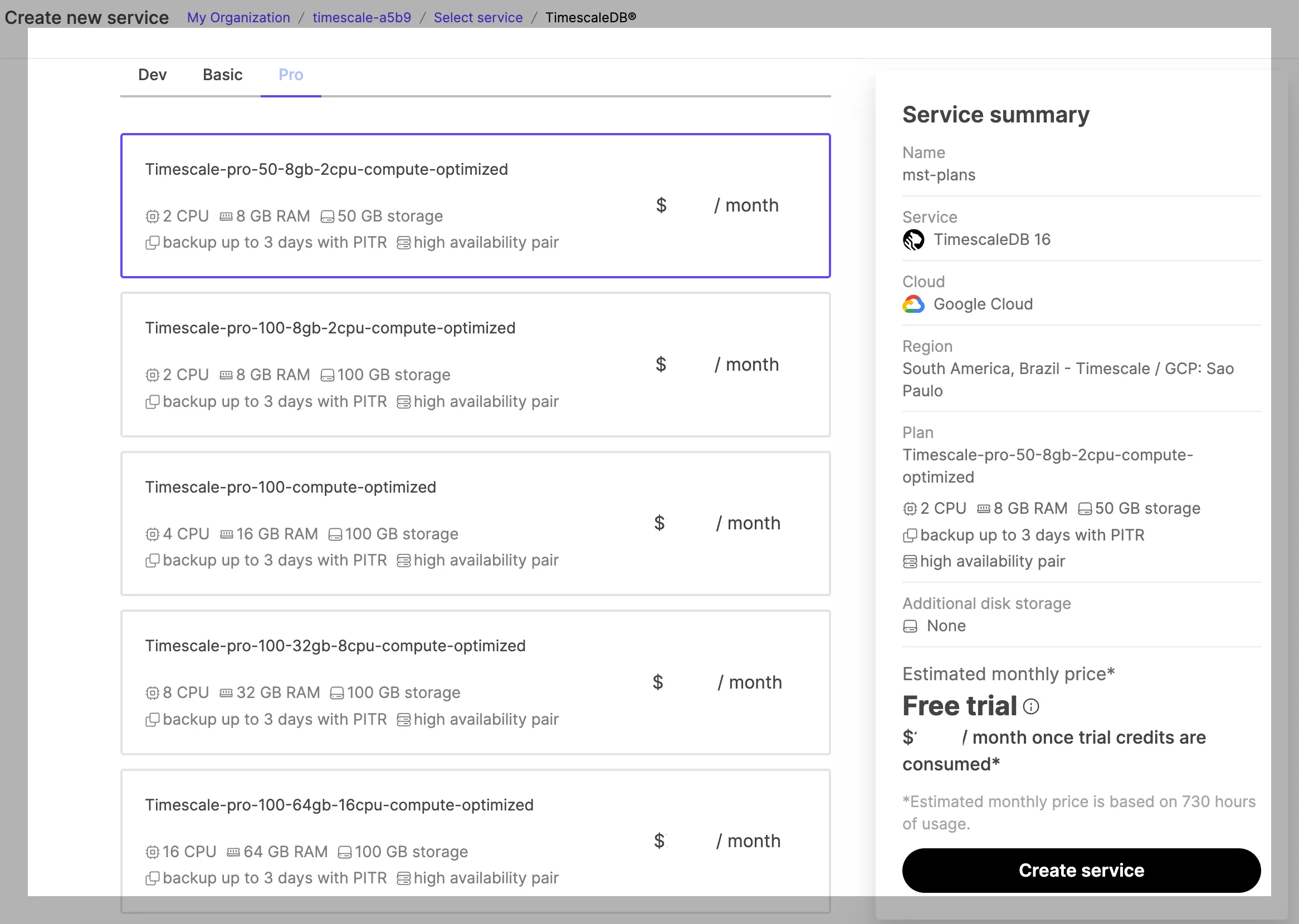 Selecting an MST service configuration plan