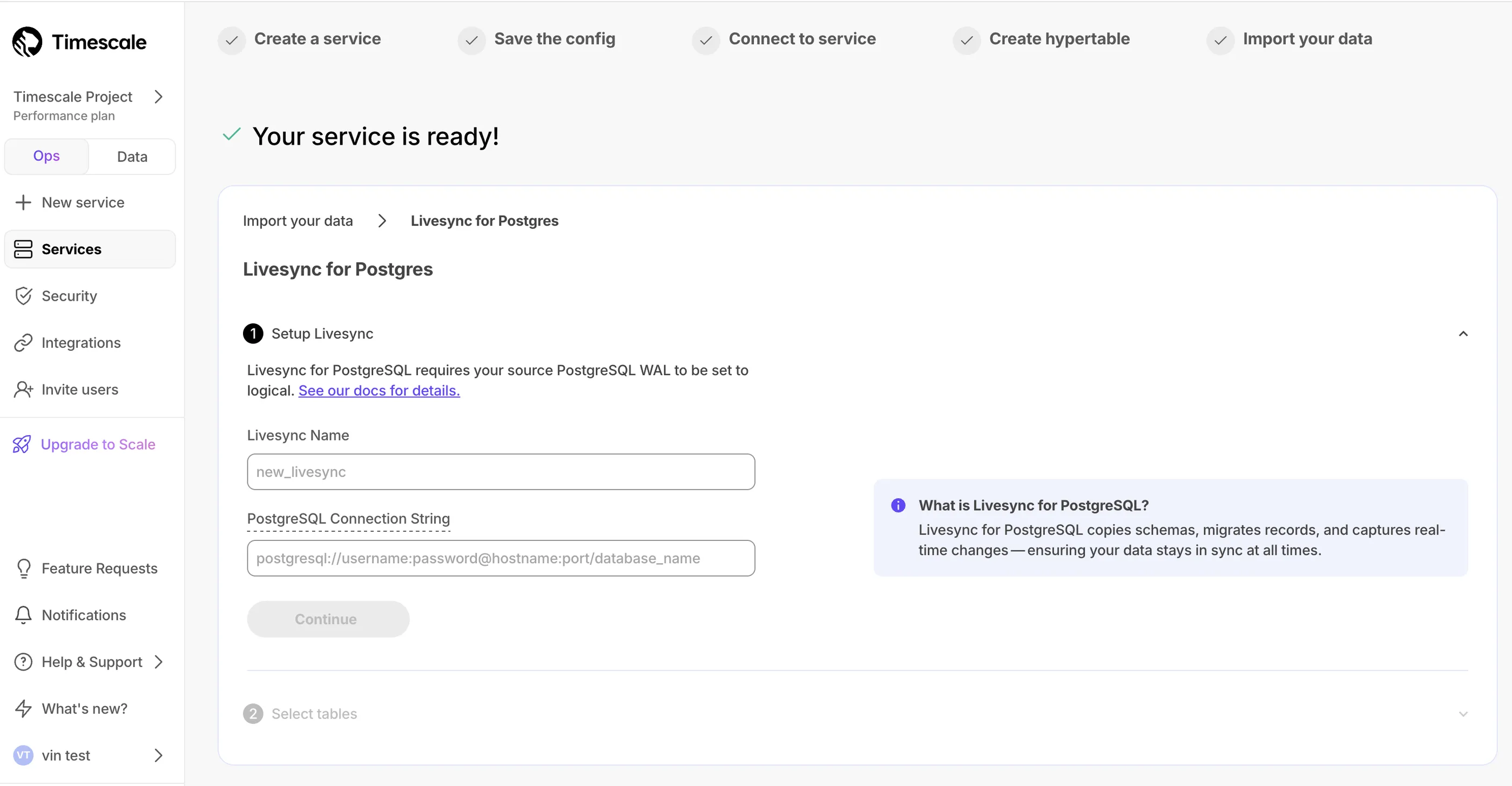 Set up Timescale Livesync