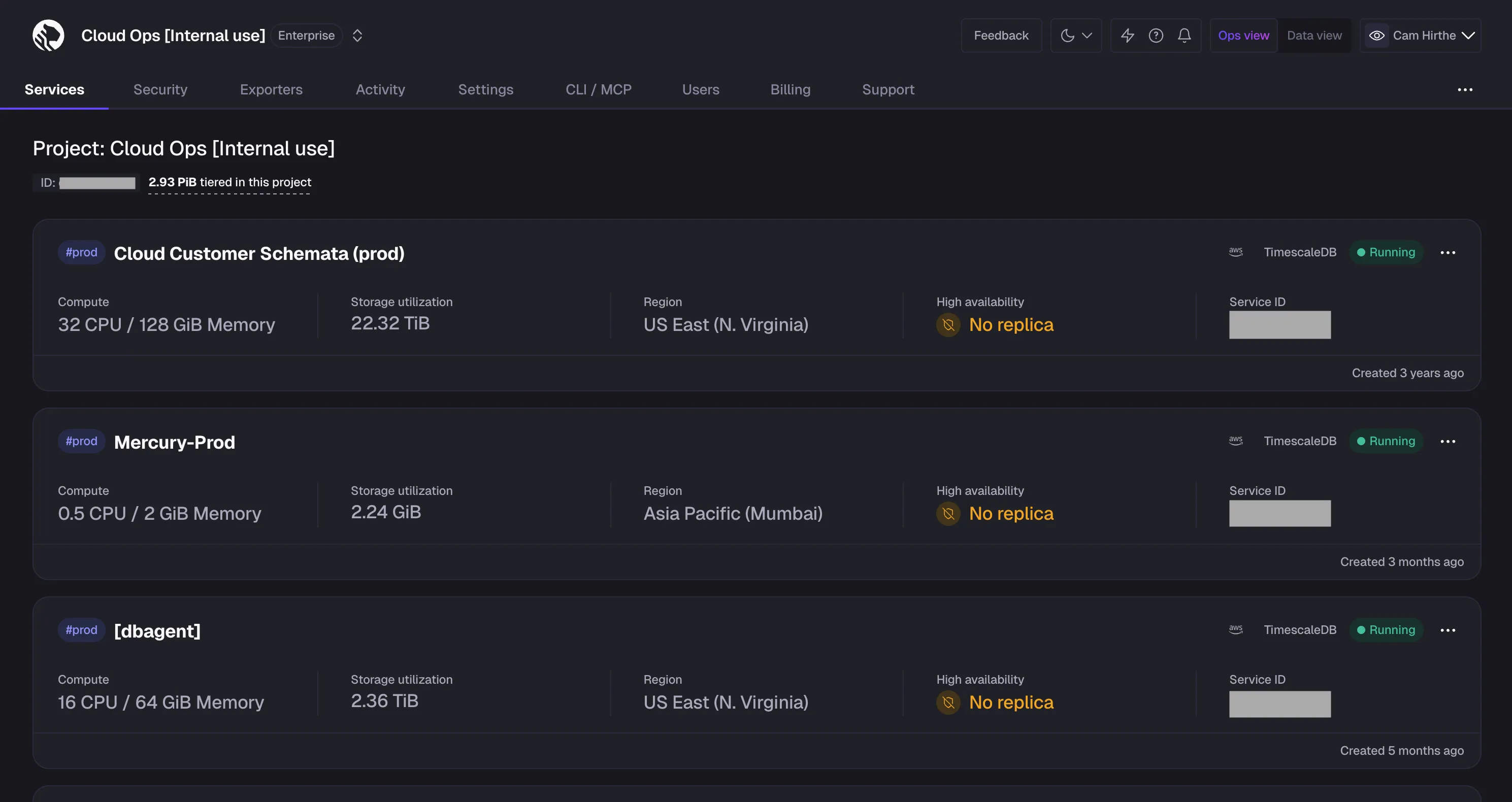 Tiger Cloud Console project services page in dark mode