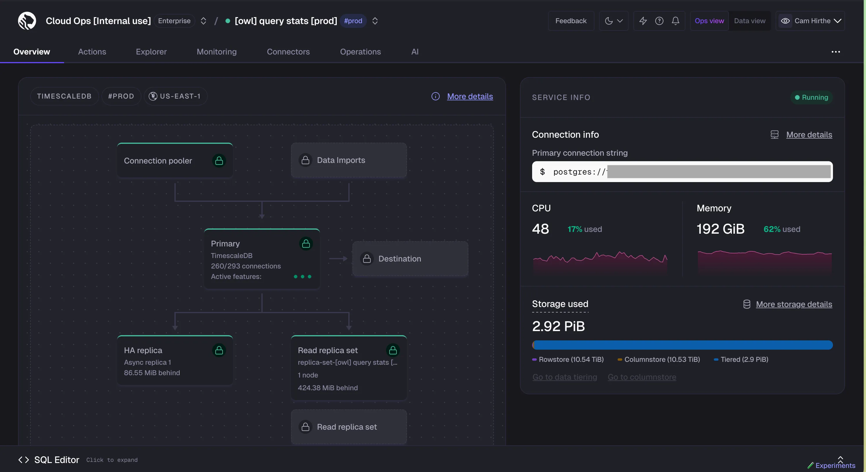 Tiger Cloud Console service overview page in dark mode