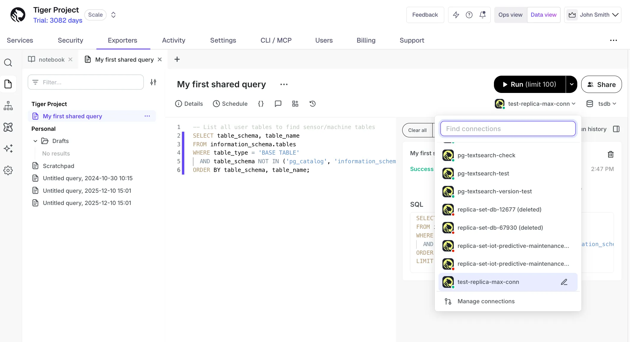 Select a connection in Tiger Cloud data mode
