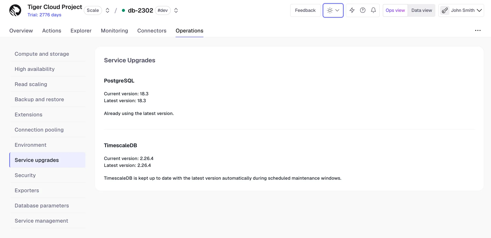 Service upgrades panel in Tiger Console showing current and latest PostgreSQL and TimescaleDB versions