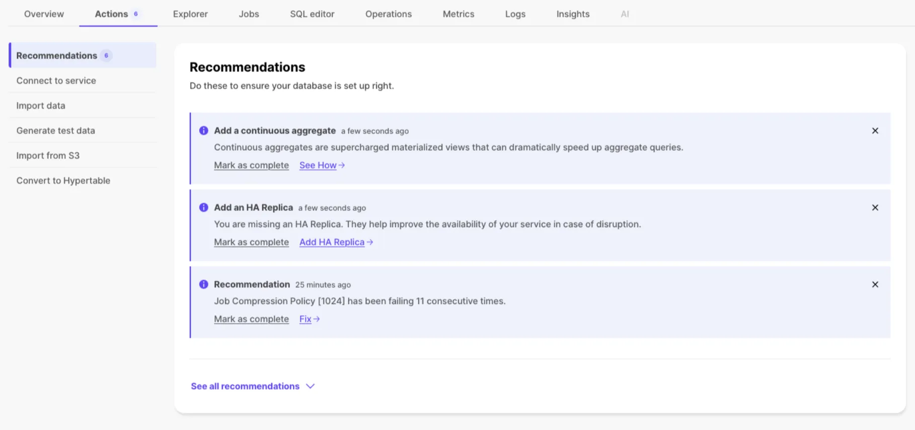 Timescale Console recommendations